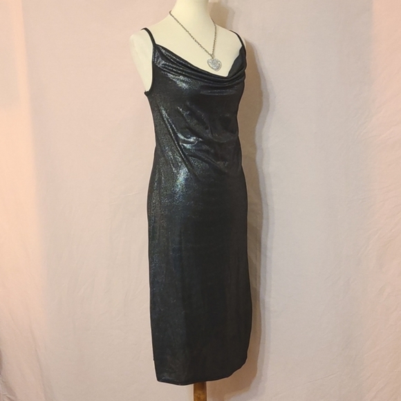 Drape Front Crisscross Open Back Metalic Black Dress - Picture 3 of 7